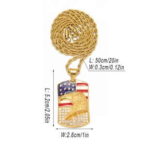 Pendentif aigle drapeau américain doré avec strass et chaîne torsadée de 50 cm