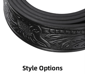 Close-up of deep embossed floral pattern on premium black leather western belt strap