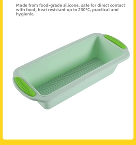 Detail of food grade silicone loaf pan showing wave bottom and 230°C heat resistance