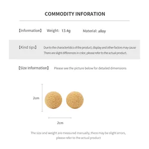 Detailed size chart showing 2cm round alloy earrings with a frosted metallic texture