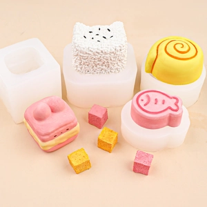 Silicone molds set for DIY candles and resin showing rice ball and cake shapes