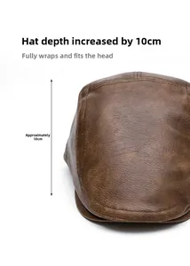 Detail view of deep brown leather newsboy hat showing 10cm depth and textured finish
