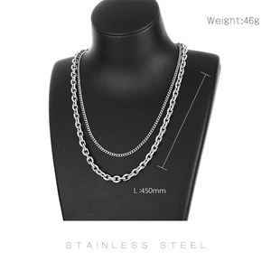 Detail of a 450mm silver double-layered stainless steel punk style chain necklace