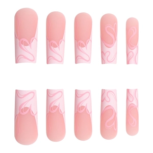 Long coffin matte pink gradient press-on nails with abstract heart line patterns