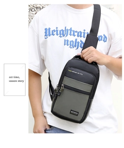 Detail view of water-resistant oxford fabric and dual zippers on the men's crossbody bag