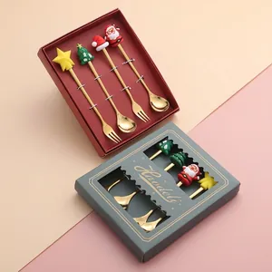 Christmas Stainless Steel Spoon And Fork With Silicone Cartoon Topper Golden Dessert Stirrer Gift Box