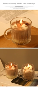 Detailed view of coffee-style scented candle in ribbed glass mug with artistic wax toppings