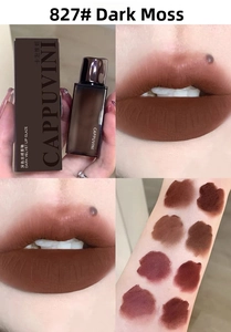 Velvet matte lip glaze in shade 827 Moss with texture swatches and lip application