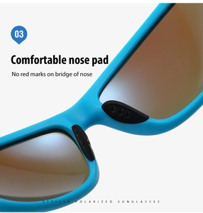 Detail of blue polarized sunglasses showing soft silicone nose pads for comfort