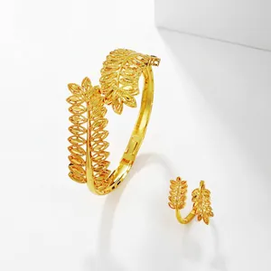 Exquisite gold-plated leaf-shaped open cuff bracelet and ring set for women