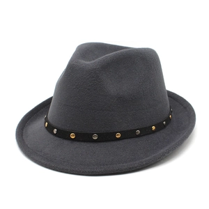 Dark grey wool fedora hat with gold and silver stud band decoration for women