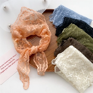 Lace Floral Embroidery Triangle Scarf Hollow Mesh Headband Scalloped Edge Retro Hair Scarf For Women
