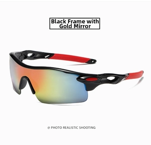 Close-up of semi-rimless sports sunglasses with golden mirrored lenses and red anti-slip tips