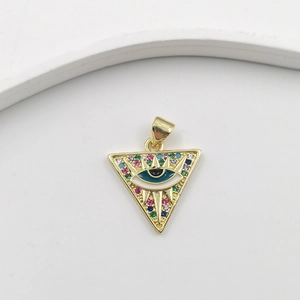 Golden triangle Evil Eye pendant necklace with colorful gemstones and blue enamel inlay