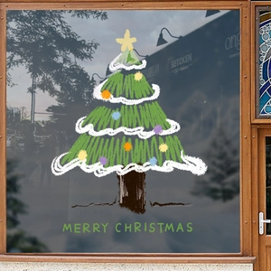 Hand-painted green Christmas tree window sticker with festive ornaments and Merry Christmas text