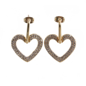Elegant gold drop earrings with crystal-encrusted heart pendants on white background