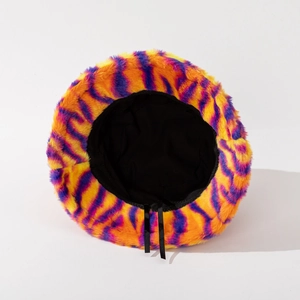 Colorful tiger print plush bucket hat for winter featuring orange yellow and purple patterns