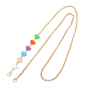 Golden metal crossbody chain with colorful heart enamel charms and lobster clasps