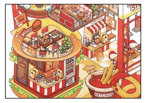 Cute isometric 3D sticker of a mini creative burger restaurant in red and yellow theme