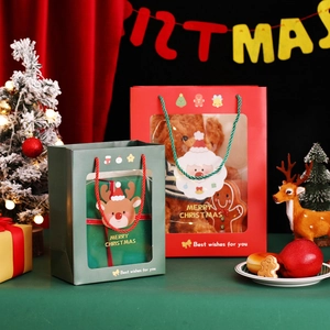 Christmas hollow window gift bag with 3D Santa tag and gold Merry Christmas text