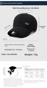 Detailed size chart for the black sport baseball cap with 56-60cm circumference