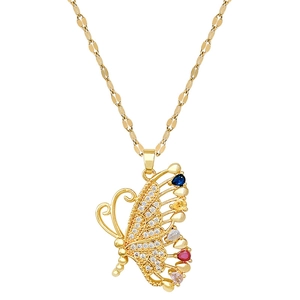 Elegant gold butterfly necklace with colorful gemstones and crystal pavé on white background