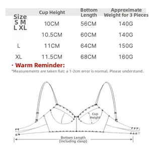 Detailed size chart for lace bralette showing measurements for S, M, L, XL sizes