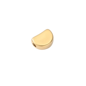 Detailed view of a golden half-moon stainless steel bead with center hole for DIY jewelry