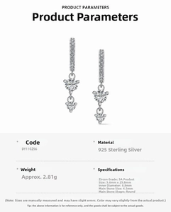 Detailed specs of S925 silver earrings with triple 5A cubic zirconia stones and dimensions