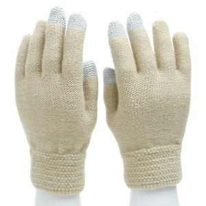 Detail of knitted winter gloves with touch-screen fingertips and elastic ribbed cuffs