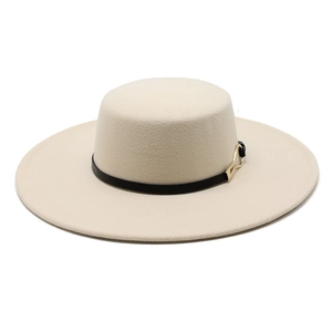 Detailed texture of beige wool boater hat with black leather band and gold metal buckle
