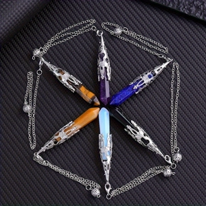 Hexagonal crystal stone necklaces in amethyst, lapis, and obsidian on black leather