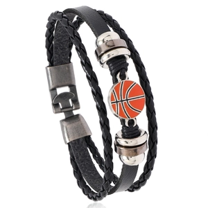 Braided black leather multi-layer bracelet with a basketball charm and alloy clasp