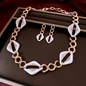 Necklace And Earrings Alloy Enamel Geometric Rhombus Rhinestone Vintage Style Jewelry For Women With Silver Earring Post