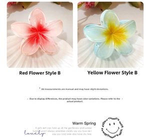 Détail de pinces à cheveux fleur de frangipanier dégradé rose et jaune sur coquillage