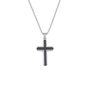 Pendentif croix en acier inoxydable noir et argenté sur un fond blanc pour hommes et femmes
