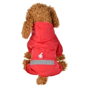 Detail view of red waterproof pet raincoat featuring safety reflective strips and drawstrings