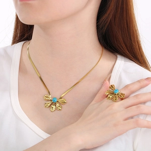 18K gold plated flower necklace and ring set with turquoise gemstone on snake chain