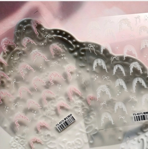 Detail of pink and white lace bow nail art stickers TS-4075 with delicate mesh pattern