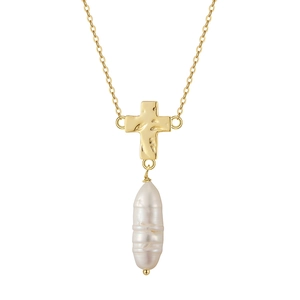 Artificial Baroque Pearl Cross Pendant Necklace 925 Sterling Silver Gold Plated Vintage Elegant Lightweight Women Jewelry