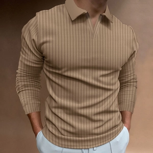 Detail of khaki vertical ribbed knit texture on men's long sleeve V-neck polo shirt