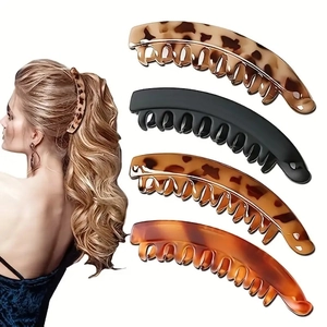 Minimalist resin banana hair clips 4-pack in tortoiseshell and black on model