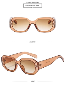 Detailed front and side view of brown polygonal sunglasses with matte finish and stud accents