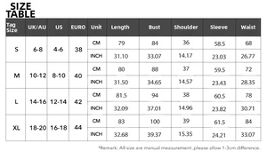 Detailed size chart for Y2K long sleeve bodycon dress with measurements in CM and INCH