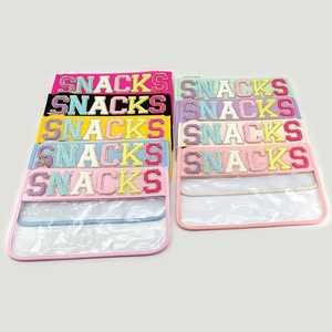 Waterproof PVC snack makeup bags with chenille letter patches in various vibrant colors