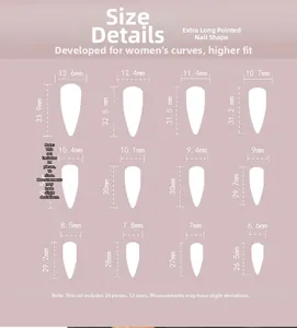 Size chart for extra-long pointed fake nails with detailed width and length dimensions