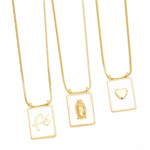 European American Fashion Copper Gold Plated Square Pendant Necklace Zirconia Enamel Virgin Mary Faith Heart Cross Religious Necklace For Women
