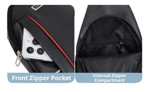 Detail view of black pebble leather sling bag showing front and internal zipper pockets