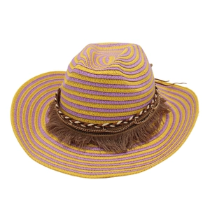 Striped Straw Cowboy Hat Wide Brim Sun Protection Bohemian Ethnic Style With Tassel Metal Chain And Drawstring