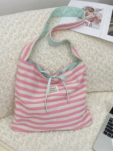 Sac cabas en toile à rayures roses de grande capacité avec cordon de serrage bleu chic